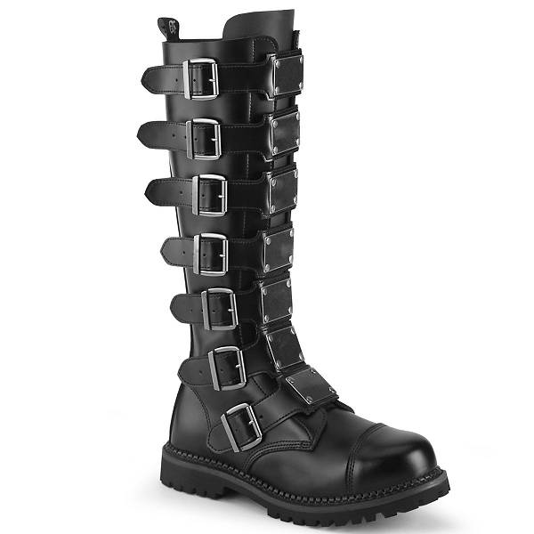 Demonia Riot-21MP Black Leather Stiefel Damen D935-261 Gothic Kniehohe Stiefel Schwarz Deutschland SALE